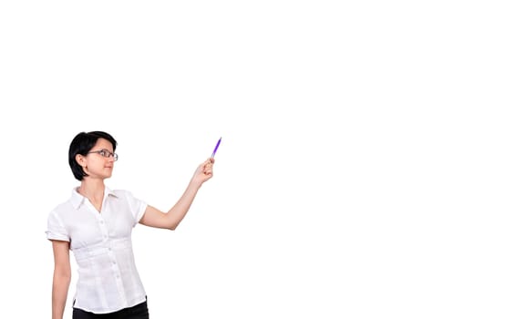 girl points pen a white background