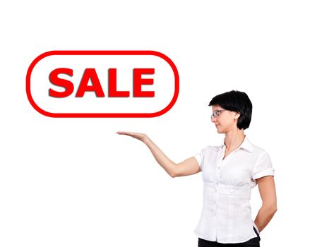 girl holding a banner sale