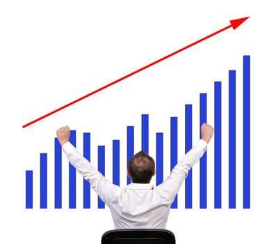 Happy gesturing businessman and growth chart