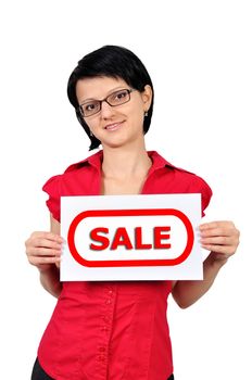 Woman holding a placard sale