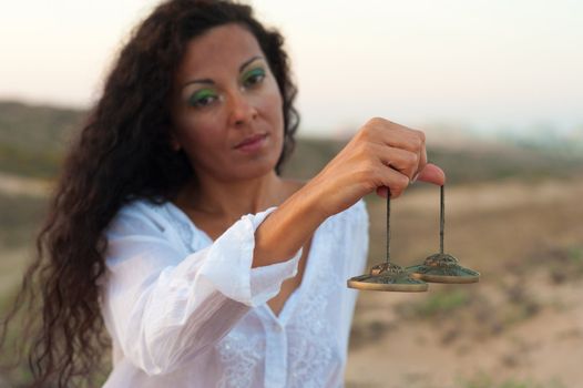 Hispanic woman in a peaceful spiritual setting