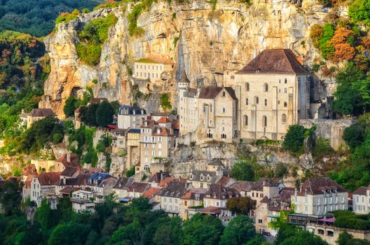 Rocamadour village detail view with sunlight, France