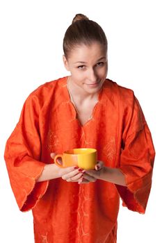 The girl in the orange robe offers tea studio photography