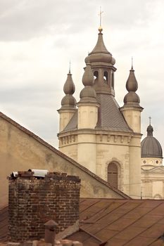 Lvov in western Ukraine. Panoramic view of the city in Europe with Uspensky church and Dominican cathedral