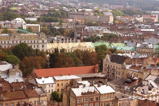 Historical center of Lviv / Lvov in western Ukraine. Panoramic view of the city in Europe