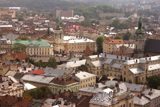 Historical center of Lviv / Lvov in western Ukraine. Panoramic view of the city in Europe