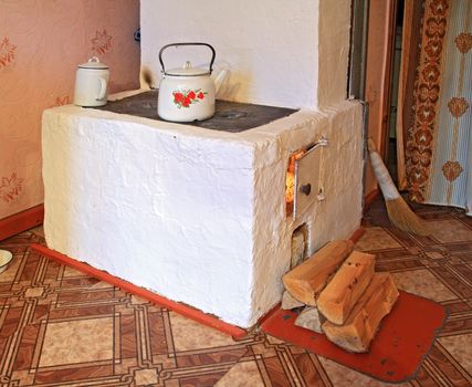 brick stove in rural wooden house