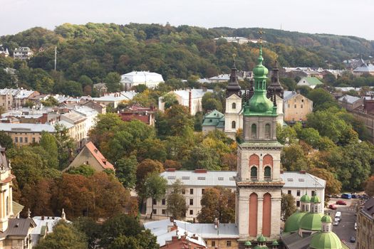 Historical center of Lviv / Lvov in western Ukraine. Panoramic view of the city in Europe