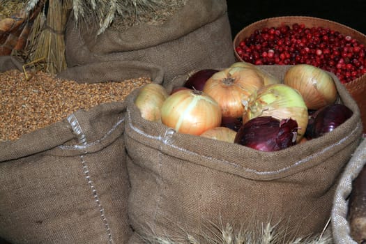 onion in bag on rural market