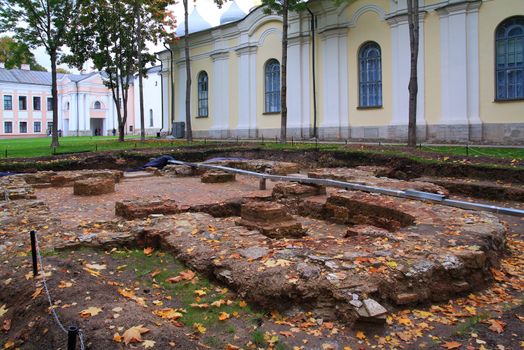 history excavations near old-time building