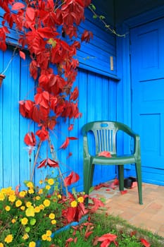 red sheet on wall of the rural building