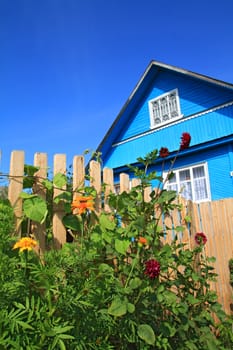 blue rural house on celestial background