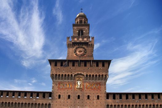 Main entrance and tower of Sforza's Castle in Milan, old landmark of Lombardy - Italy