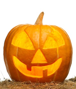 Funny Halloween pumpkin glowing on white background