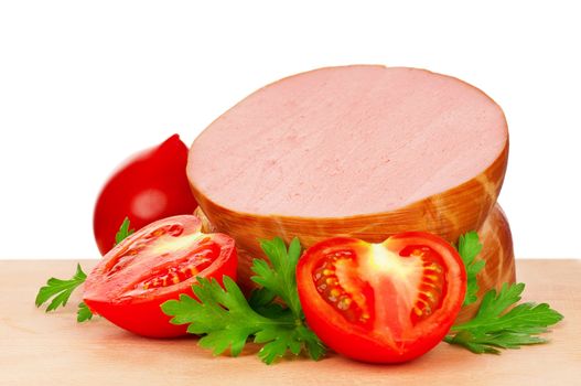 Sausage on a wooden cutting board - on a white background