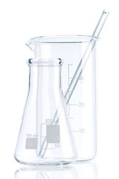 Laboratory glassware for liquids on white background