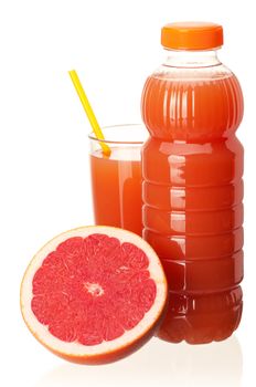Grapefruit juice in plastic bottle and grapefruit fruits on white background