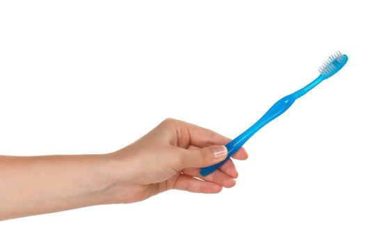 Woman hand with blue tooth brush isolated on white background