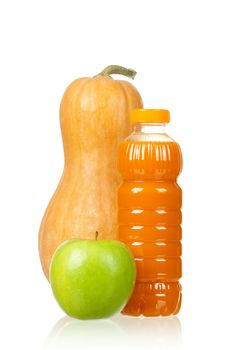 Fresh pumpkin and apple juice isolated on white background