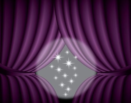 Violet curtain background with spotlight in the center, illustration