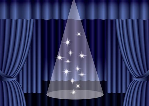 Blue theater curtain with spotlight on stage,