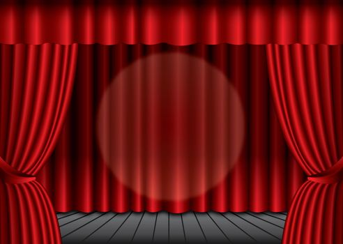 Closed red theater curtain with spotlight in the center,