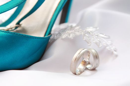 Wedding rings and women's shoes turquoise color