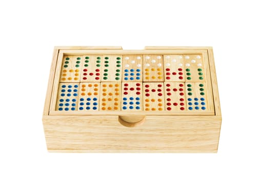 Wooden Domino in wooden box  isolated on white with a clipping path.