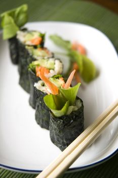 close up vegetarian sushi roll on white plate