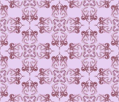 four petalled figured pattern with maroon leaves and beads on a lilac background