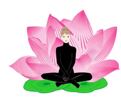 girl meditates on a background of large pink lotus flower