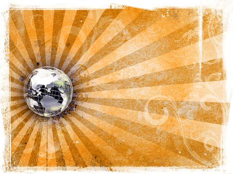 Grunge textured background with metal world globe and floral patterns