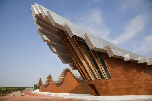 ENTRANCE MODERN VINERY, LA RIOJA, SPAIN � SEPTEMBER 22: Bodegas Ysios, Laguardia, La Rioja, Spain view on September 22, 2012. Santiago Calatrava designed the modern winery in the hills of Sierra de Cantabria for Ysios.