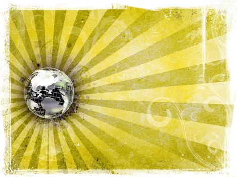 Grunge textured background with metal world globe and floral patterns