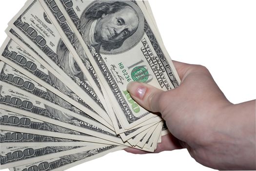 a bundle of money in hand on white background