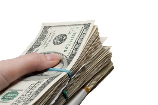 a bundle of money in hand on white background