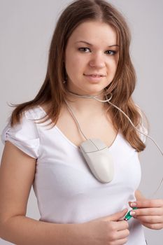 girl with a computer mouse in the neck