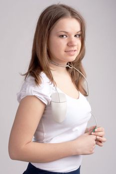 girl with a computer mouse in the neck