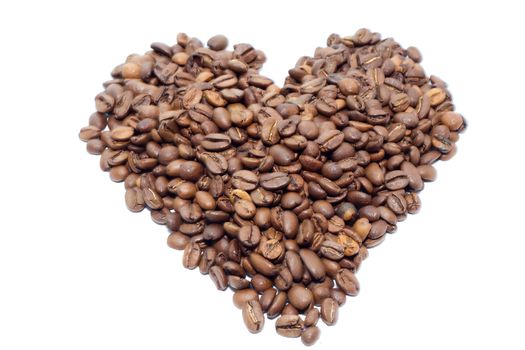 Heart of coffee beans on white background