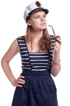 girl in a sailor cap smoking a pipe on a white background