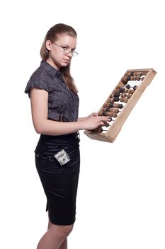 Girl with big abacus and the dollar studio shooting