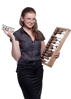 Girl with big abacus and the dollar studio shooting