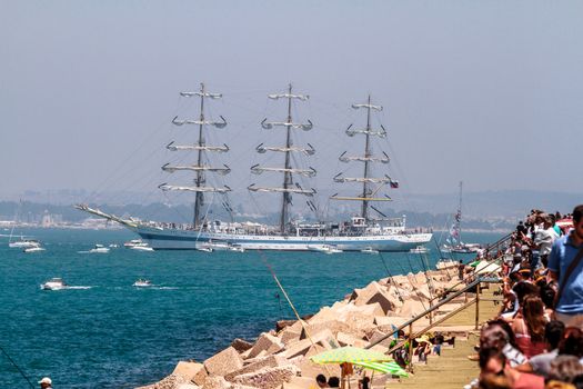 CADIZ, SPAIN - JUL 29: Russian Navy Ship, MIR setting sail on the Tall ship races 2012 on July 29 , 2012, in Cadiz , Spain