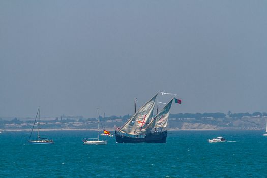 CADIZ, SPAIN - JUL 29: Portuguese caravel, Veracruz setting sail on the Tall ship races 2012 on July 29 , 2012, in Cadiz , Spain