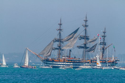 CADIZ, SPAIN - JUL 29: Italian Navy Ship, Amerigo Vespucci setting sail on the Tall ship races 2012 on July 29 , 2012, in Cadiz , Spain
