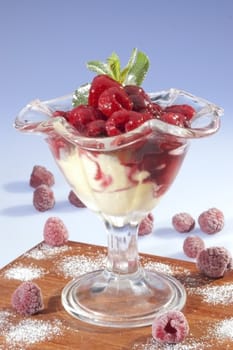 Hot Raspberries w vanilla ice cream and mint leaf