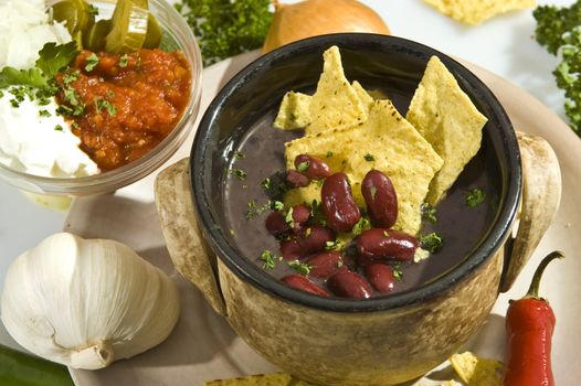 Soup con carne mexican style w tortilla chips and salsa