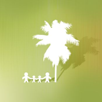 Coconut tree and family of paper cut on abstract background