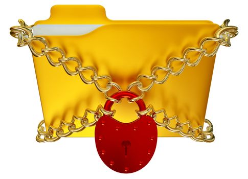 in golden folder with red hinged lock and chains, stores important information