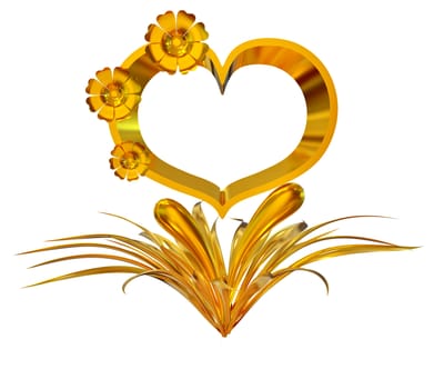 golden heart in leaves with flowers as a symbol of love